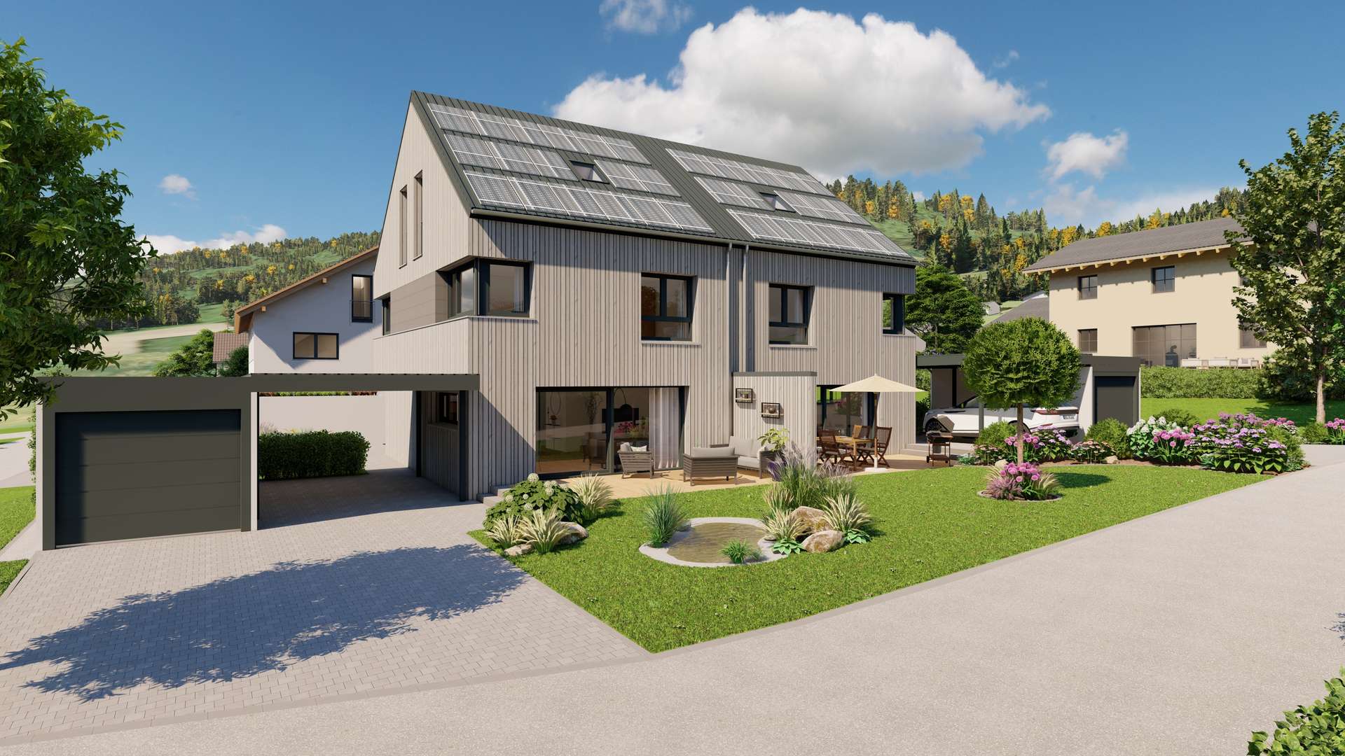 05_Ansicht Süd-West - Moderne Doppelhaushälfte in nachhaltiger Holzmassivbauweise ++QNG Standard++