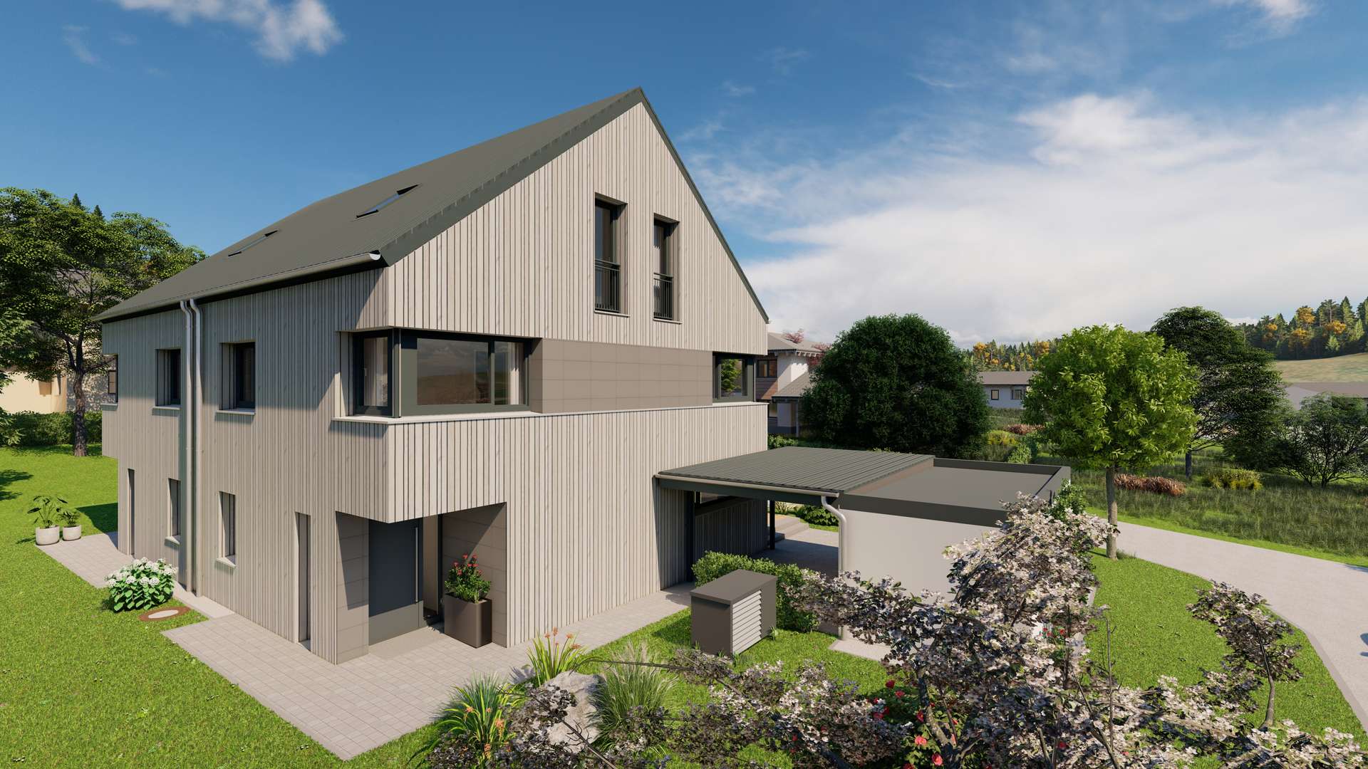 06_Ansicht Nord-West - Moderne Doppelhaushälfte in nachhaltiger Holzmassivbauweise ++QNG Standard++